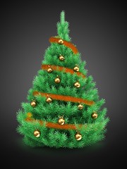 3d illustration of Christmas tree over gray background with orange tinsel and golden balls