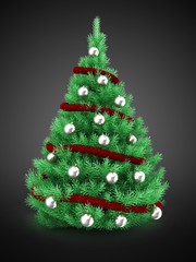 3d illustration of Christmas tree over gray background with red tinsel and silver balls