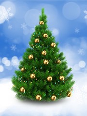 3d illustration of green Christmas tree over snow background with lights and golden balls