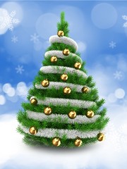 3d illustration of green Christmas tree over snow background with tinslel and golden balls