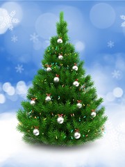 3d illustration of green Christmas tree over snow background with lights and metallic balls
