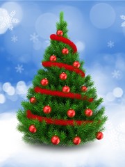 3d illustration of green Christmas tree over snow background with red tinsel and red balls