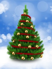3d illustration of green Christmas tree over snow background with red tinsel and golden balls