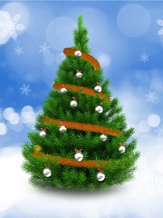 3d illustration of green Christmas tree over snow background with orange tinsel and metallic balls