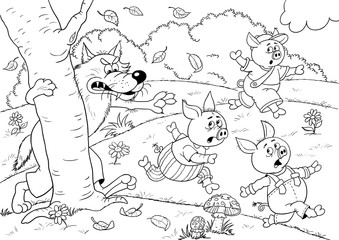 Three little pigs and the wolf. Fairy tale. Illustration for children