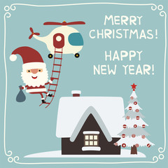 Merry Christmas and Happy New Year! Christmas Santa Claus on helicopter near house with Christmas tree. Christmas card in cartoon style.