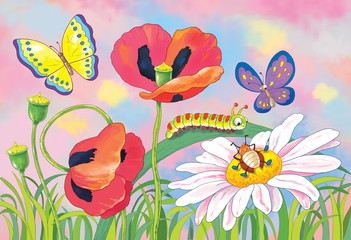 Cute flowers and insects. Coloring page. Greeting card
