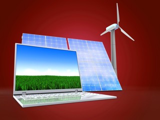 3d illustration of solar and wind energy over red background with computer