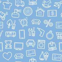 Fototapeta premium Categories of goods, Internet-shop, seamless background, light blue. Vector white outline icons industrial products on a light blue background. Plain, flat background. 