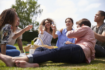 Naklejka premium Group of friends at a picnic make a toast, selective focus