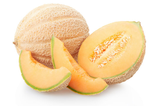Cantaloupe melon section and slices on white, clipping path