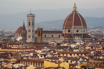 Fototapeta na wymiar Duomo Santa Maria Del Fiore and Bargello view from Piazzale Michelangelo in Florence, Tuscany, Italy. Outdoor travel european background.