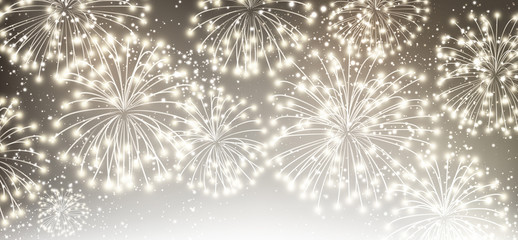 Gray festive banner with fireworks.