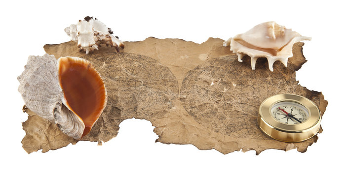 old paper, cockleshells and compass