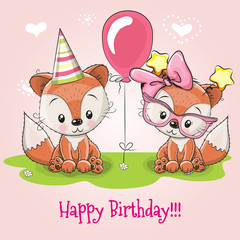 Greeting card two cute Cartoon Foxes