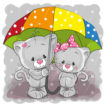 Two cute cartoon kittens with umbrella