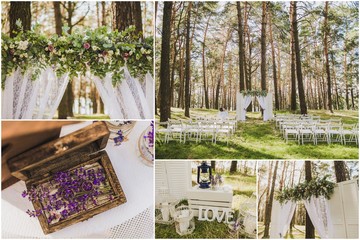 Wedding collage. Details of outside decoration for wedding ceremony: gold rings in wooden box, white beautiful arch for vows decorated with flowers, rows of chairs along aisle in scenic background.