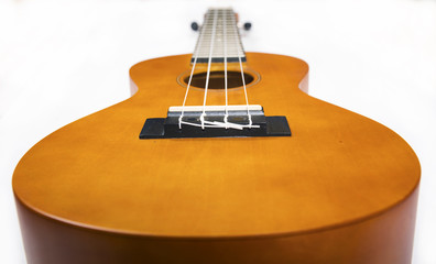 Ukulele close up in white background. Music concept.