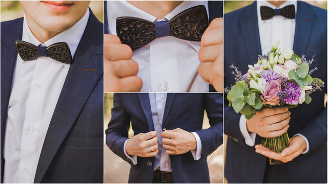 Wedding collage. Young stylish man dressed in modern formal clothes. Close up of elegant hands of guy in jacket, white shirt, brown wooden bowtie. Person ready for wedding celebration or graduation.