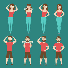 Set with man and woman exercising various different poses training