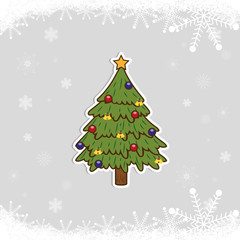 Happy New Year and Merry Christmas. Christmas tree on the background of snow. Holiday sticker