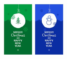 Merry Christmas, postcard, snow globe, tree, snowman, blue, green, English font. Vector colored flat cards with white snow ball. The inscription in English, New year greetings. Imitation snow. 