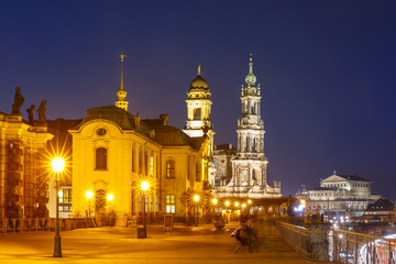 Fototapeta na wymiar Dresden Cathedral of the Holy Trinity or Hofkirche, Bruehl's Terrace or The Balcony of Europe and Semperoper at night in Dresden, Saxony, Germany