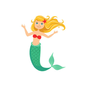 Blond Mermaid In Red Swimsuit Top Bra And Starfish In Hair Fairy-Tale Fantastic Creature Illustration