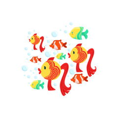 Schoold Of Fantastic Tropical Fishes: Goldfishes, Yellow And Stripy Red Coral Fishes