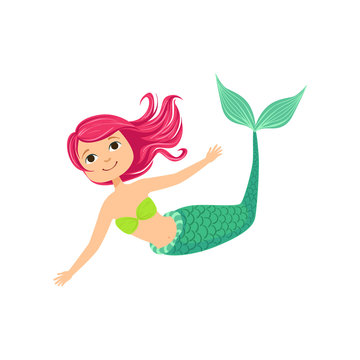 Pink Hair Mermaid In Green Swimsuit Top Bra Fairy-Tale Fantastic Creature Illustration