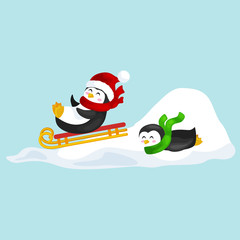 two happy cute Christmas penguin in hat and scarf sledding snow ice slides on the eve of the new year. Greeting vector illustration