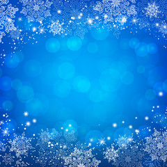 Blue Christmas snowflakes bokeh background. Vector illustration.
