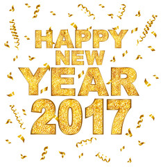 Happy new year 2017 type gold glitter texture with serpentine isolated on white background. Vector illustration.
