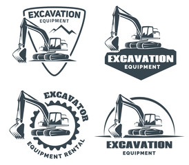 Set of excavator logos, emblems and badges isolated on white background. Constructing equipment design elements. Heavy excavator machine with shovel. - obrazy, fototapety, plakaty