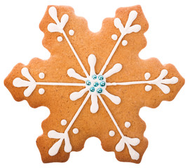Beautiful and delicious gingerbread Christmas gingerbread snowflake isolated on white background