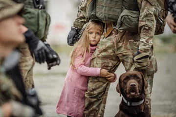 Fotobehang Soldier and children on battlefield background. © kaninstudio