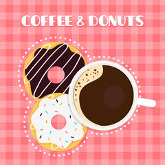 Coffee and Donuts on Checked Table Cloth. Breakfast Dessert Flat Illustration