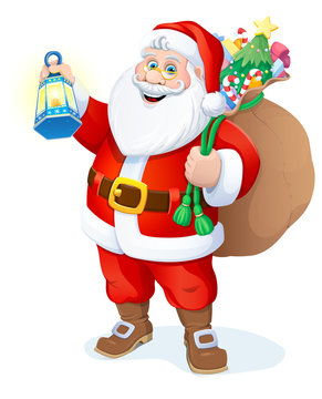 Christmas. Santa Claus with a flashlight and a bag of gifts