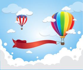 Fototapeta premium Hot air balloons with banners flying in the sky colorful hot air balloons set with ribbons vector illustration
