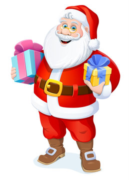 Christmas. Santa Claus with gifts. Vector illustration