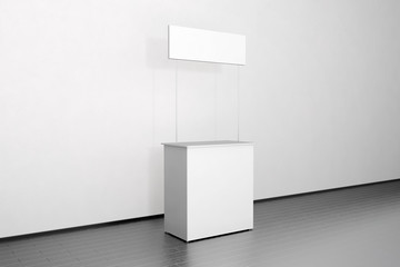Blank white promo counter mockup stand near the wall, side view, clipping path, 3d rendering. Empty...
