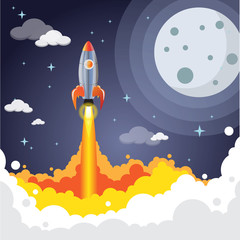 Rocket vector night start up business. Space rocket launch noon. The rocket takes off. Rocket vector. A rocket engine works. The power and strength of rockets. moon