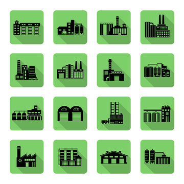 Flat Icon Set Of Distribution Warehouse And Factories. Silhouette Factory Distribution Warehouse Icon Illustrations.