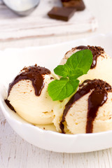 Ice cream with chocolate topping and mint
