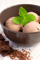 Balls of chocolate ice cream decorated mint leaf