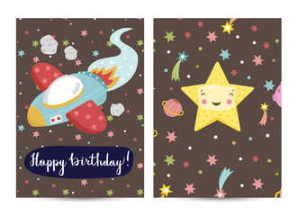 Happy birthday cartoon greeting card on space theme. Cute smiling star surrounded comets and planets, spaceship flying in cosmos vector illustrations. Bright invitation on childrens costumed party
