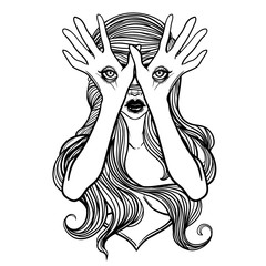 Mysterious monster girl with eyes on the hands. Hand drawn vector illustration. Tattoo style. Could be used as design for coloring book or as part of Halloween decor.