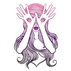 Mysterious monster girl with eyes on the hands. Hand drawn vector illustration. Tattoo style. Could be used as design for coloring book or as part of Halloween decor.