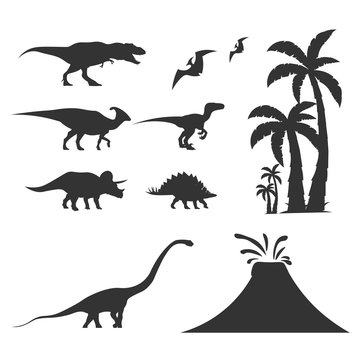 Set World of dinosaurs. Prehistoric world. T-rex, Diplodocus, Velociraptor, Parasaurolophus, Stegosaurus, Triceratops. Cretaceous period. Jurassic period.