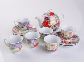 tea set or antique porcelain tea set on background.